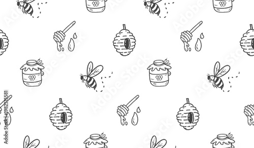 Honey hand drawn pattern. Honey farm background doodle. Outline sketch of beehive illustration seamless pattern for packaging containing honeycomb, jar, dipper.