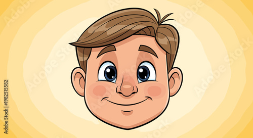 Cartoon illustration of a smiling young boy's face with brown hair and blue eyes on a warm yellow background.