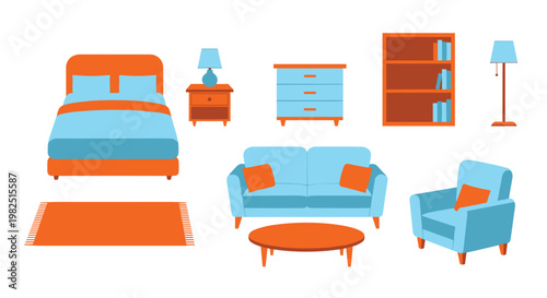 Set of orange and blue furniture including a bed, dresser, bookshelf, lamp, sofa, and rug sits on a clean white background for interior design layout.