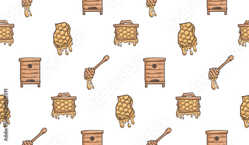Honey hand drawn pattern. Honey farm background doodle. Outline sketch of beehive illustration seamless pattern for packaging containing honeycomb, jar, dipper.