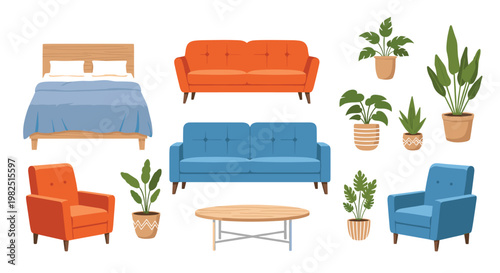 Assortment of wooden-framed furniture and potted plants including sofas, armchairs, and a coffee table sits on a clean white background for home decor.