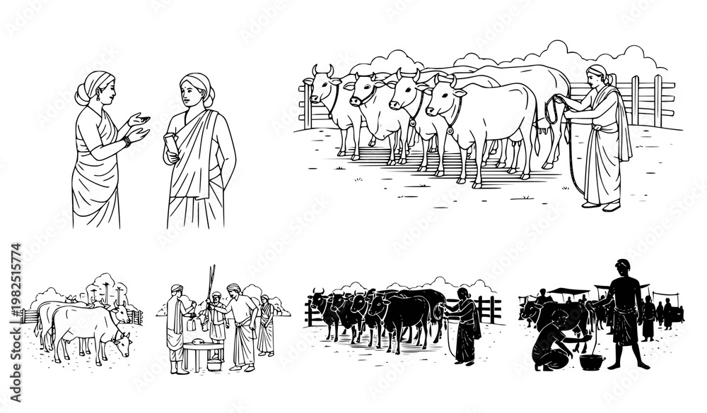 Fototapeta premium Indian rural women and farmers working with cattle in agricultural farm vector illustration set