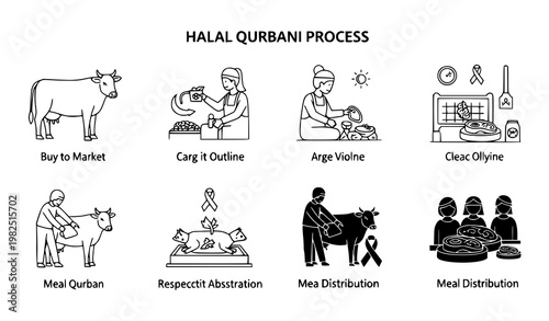 Halal Qurbani process infographic elements with labels showing step by step guide to livestock preparation and meat distribution in a clear linear vector style