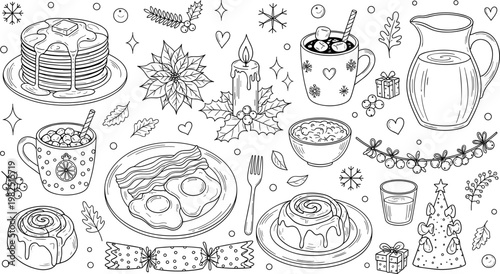 Holiday Breakfast Icon Set, Featuring Pancakes, Cinnamon Rolls, Hot Drinks, and Festive Elements in Hand-Drawn Style