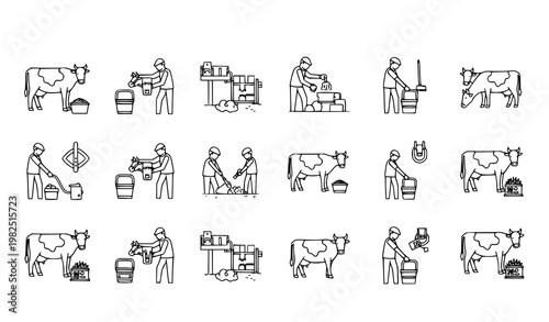 Farmers performing cattle maintenance and grooming vector illustration set showing daily animal care routines in a rural farm environment for agriculture branding