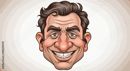 A detailed cartoon illustration of a smiling man's head with dark hair and a wide, happy grin, depicting a cheerful and jovial expression.