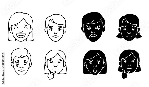 Collection of human facial expressions in line art and solid black silhouette styles for UI and character design projects on a clean white background vector illustration