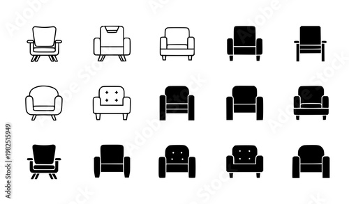 Collection of diverse armchair furniture designs in line art and solid black silhouette styles for interior design and furniture catalog projects vector illustration
