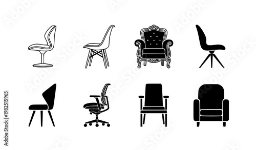 Collection of professional chair and furniture icons in line art and solid black silhouette styles for interior design and office space planning vector illustration set