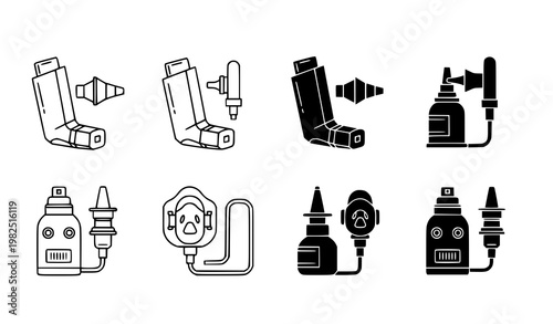 Asthma and respiratory health medical device icon set featuring inhalers and masks for clinical and treatment design projects in vector style