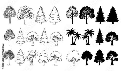 Diverse tree and forest landscape icon set featuring tropical palm and coniferous species for environmental design projects in vector format