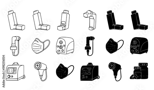 Medical equipment and safety icon set including asthma inhalers protective masks and nebulizers for health protocols and clinical diagnostic graphic design projects