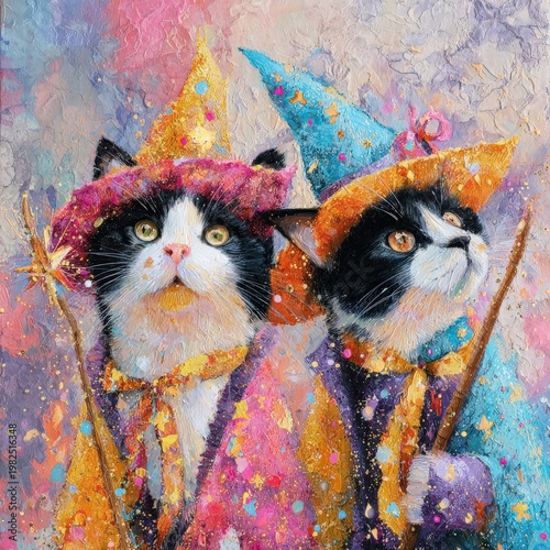 Two cats dressed as wizards with colorful hats and cloaks, surrounded by a vibrant, whimsical background.