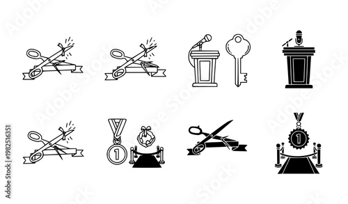 Award and grand opening ceremony icon collection with scissors ribbon podium microphone and winner medal symbols for business event and achievement visuals