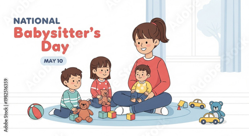 National babysitter's day illustration with woman and three children playing on floor with toys
