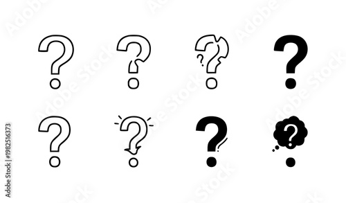 Set of black question mark icons in different artistic styles for web design and user interface featuring various line weights and solid fill designs isolated on white