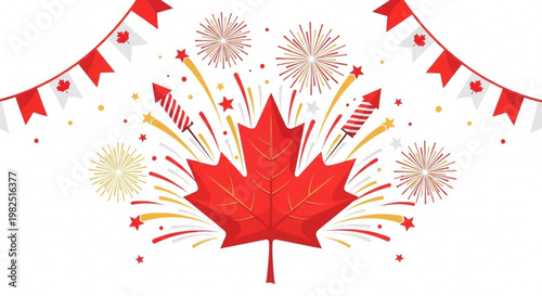Vibrant canadian celebration with red maple leaf fireworks and bunting on white background