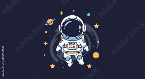 Astronaut floating in space with planets and stars illustration