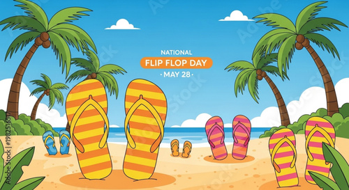 Colorful flip flops on a beach with palm trees and ocean view on national flip flop day