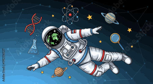 Astronaut floating in space with science elements against dark blue background