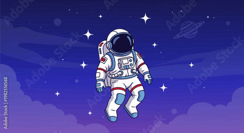 Astronaut floating in space with stars and planets illustration