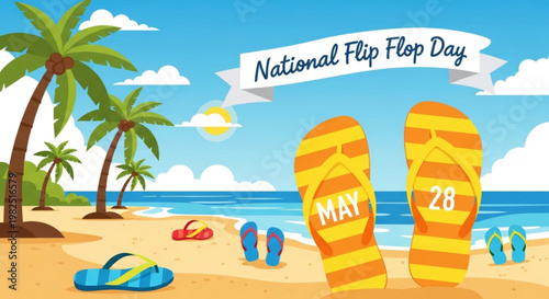 National flip flop day celebration on a sunny beach with palm trees and colorful flip flops