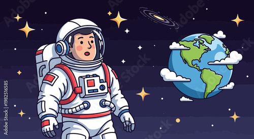 Astronaut gazing at planet earth and galaxy in space cartoon illustration