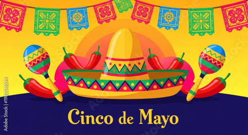 Vibrant cinco de mayo celebration with sombrero chili peppers and maracas on yellow background