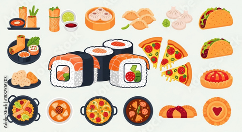 Variety of international fast food and snacks sushi pizza tacos and more on a white background