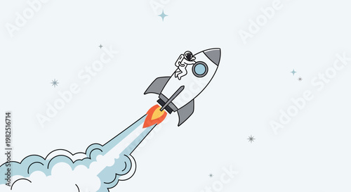 Astronaut in rocket ship flying through space with a trail of smoke and stars