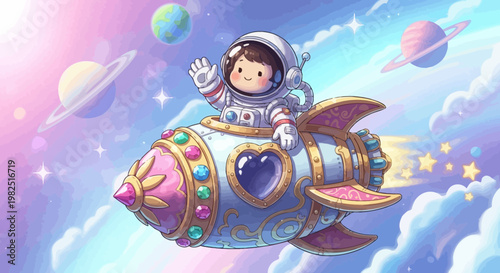 Astronaut in rocket ship exploring space with planets and stars vector illustration