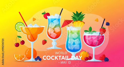 Vibrant cocktails with fruits on colorful gradient background for world cocktail day