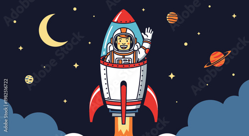 Astronaut in rocket ship launching into space with planets and stars