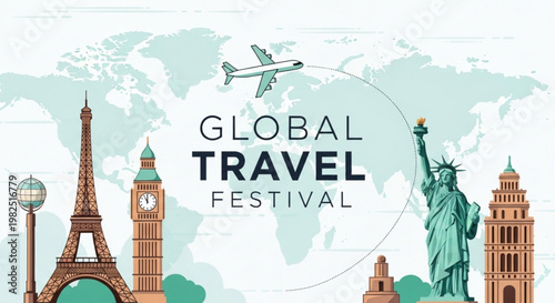 Global travel festival with famous landmarks and airplane on world map background