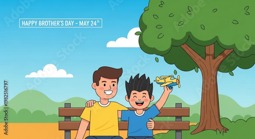 Two happy brothers sitting on a park bench with a toy airplane on brothers day