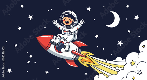 Astronaut in space child on rocket with stars and moon illustration