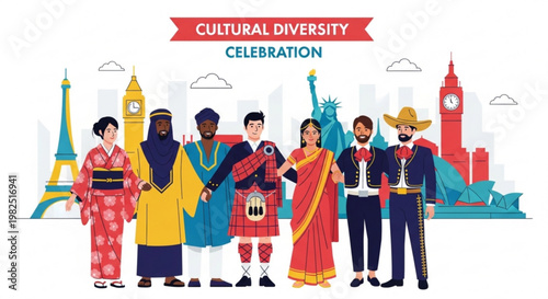 Diverse people in traditional clothing celebrate cultural diversity with iconic landmarks