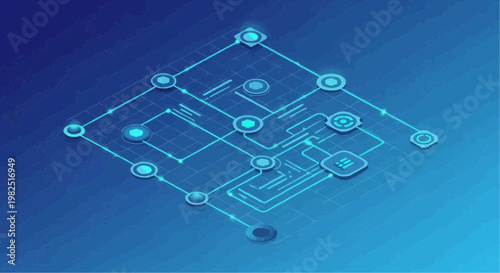 Digital circuit board with glowing blue connections.