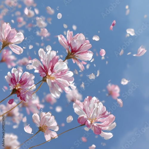Pink cherry blossoms falling against a bright blue sky, capturing a serene spring moment.