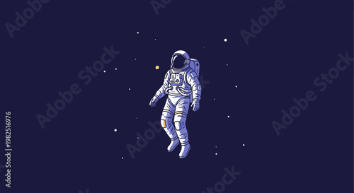 Astronaut in space illustration floating among stars in dark blue universe