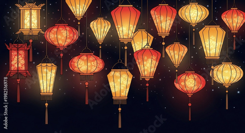 Vibrant red and yellow lanterns hang in the dark festive lighting decorations