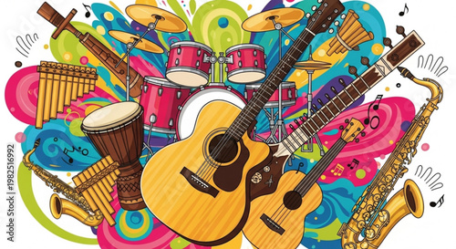 Vibrant musical instruments illustration with guitars drums saxophone and trumpet in colorful abstract background