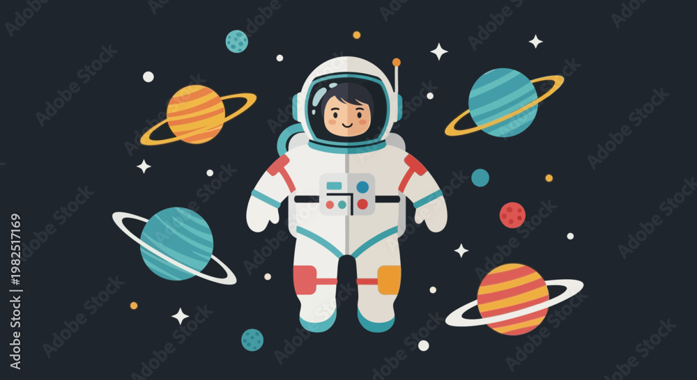 Naklejka premium Astronaut in space with planets vector illustration for education and design