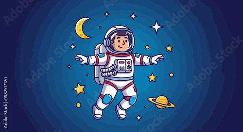 Astronaut in space with arms outstretched and planets around flat vector illustration