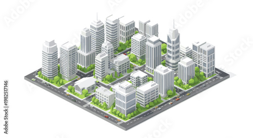 An expansive isometric city model showcases grey buildings interspersed with green trees and black roads forming a precise grid layout on white background.