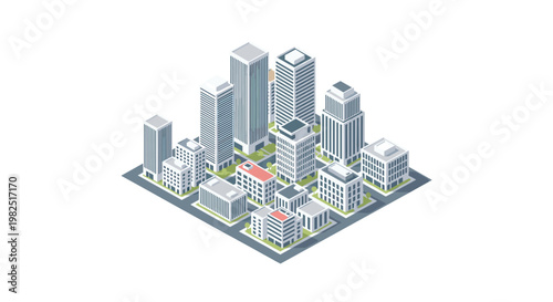 A dense isometric city block features multiple grey office buildings surrounding a single prominent red-roofed structure within a clean urban environment.