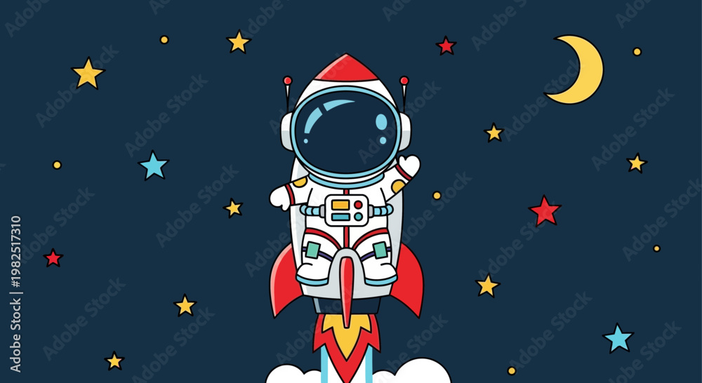 Naklejka premium Astronaut in spacesuit launches on rocket with stars and moon