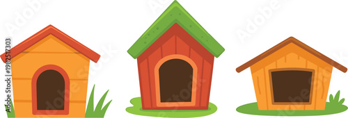 Dog house icons set, wooden pet shelters vector illustration for animal care design