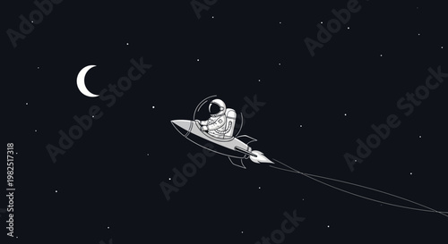 Astronaut in spacesuit on rocket flying past crescent moon in the night sky