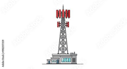 Detailed flat vector illustration of a tall cellular communication tower with red and white panels mounted on a building in a clean minimalist art style.